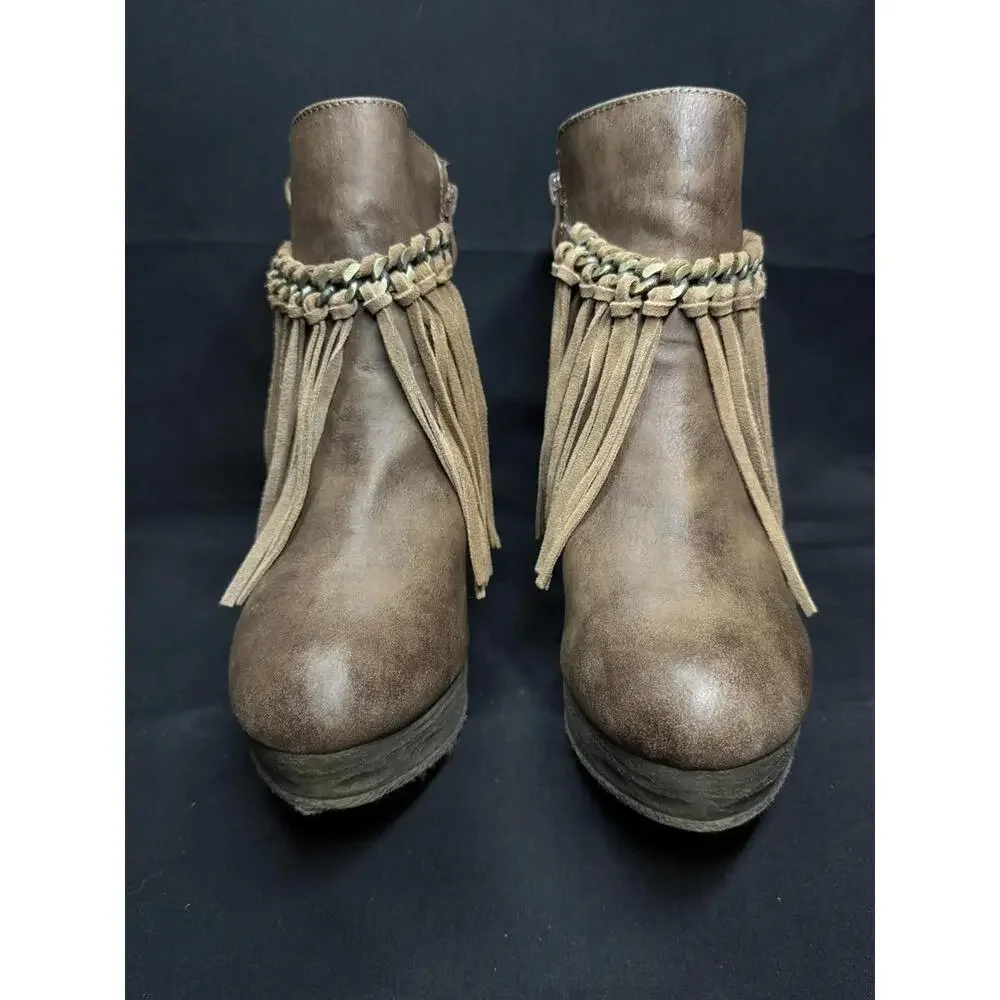 Sbicca Boots Womens Size 10 Wedge Fringe Suede Western Boho Zip Ankle‎ Booties